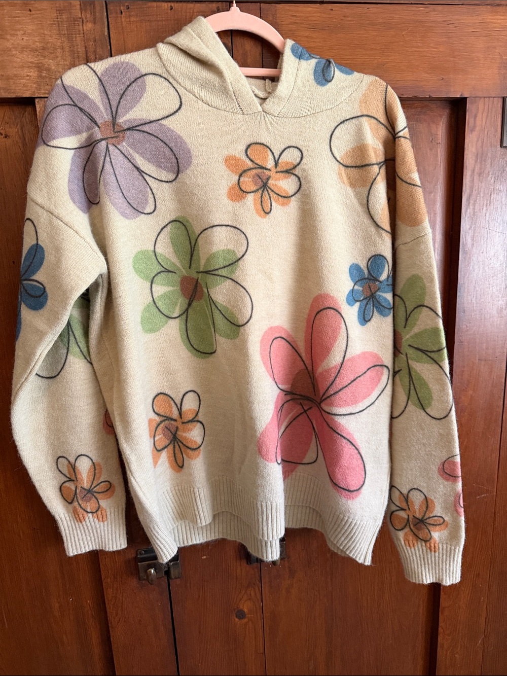 Floral Hooded Sweater - Beige with Multi-Color Flowers